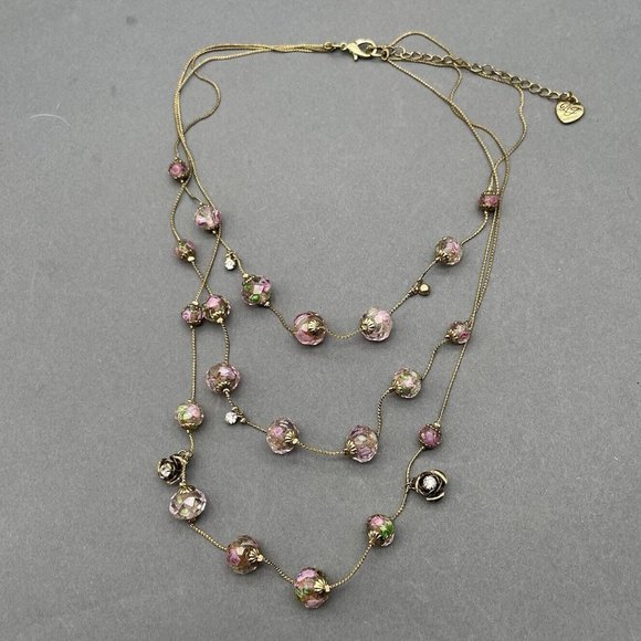 Betsey Johnson Jewelry - Betsey Johnson Illusion Silvertone Crystal Bead Necklace Pink Green Flowers
